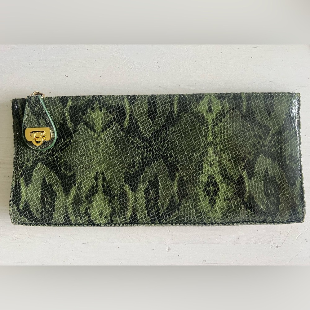 Kate Landry green embossed leather snakeskin clutch